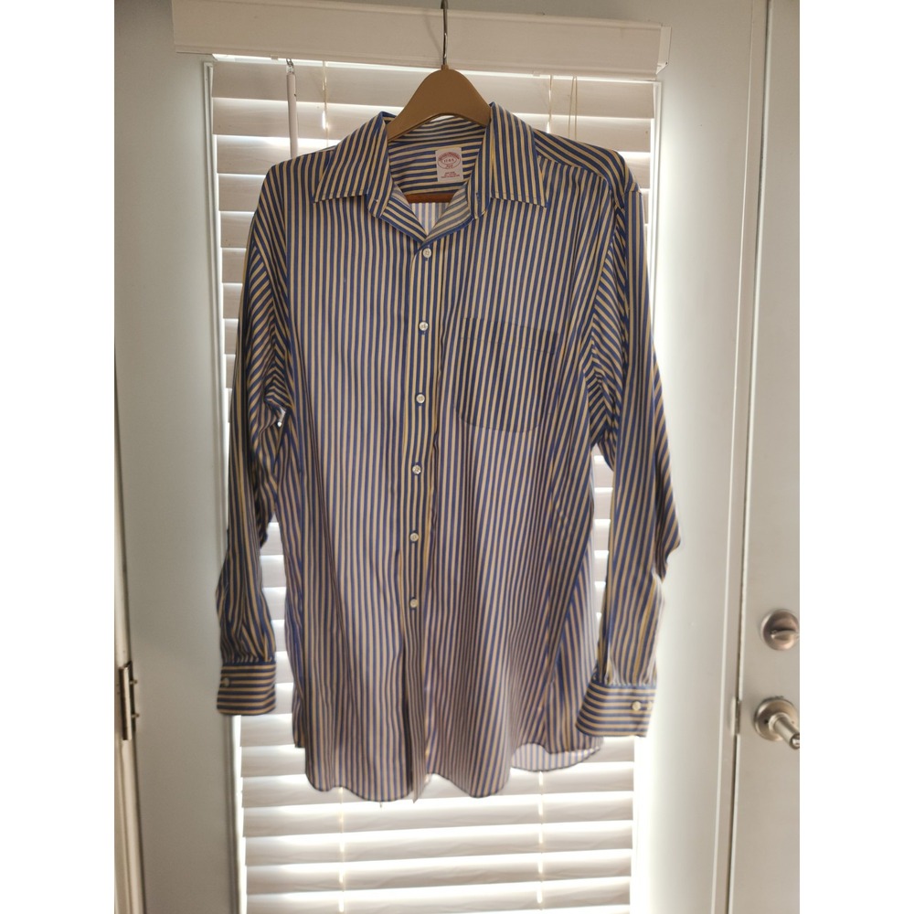 Brooks Brothers 346 Men's Non-Iron Dress Shirt 17.5 34/35 Blue Yellow Stripe